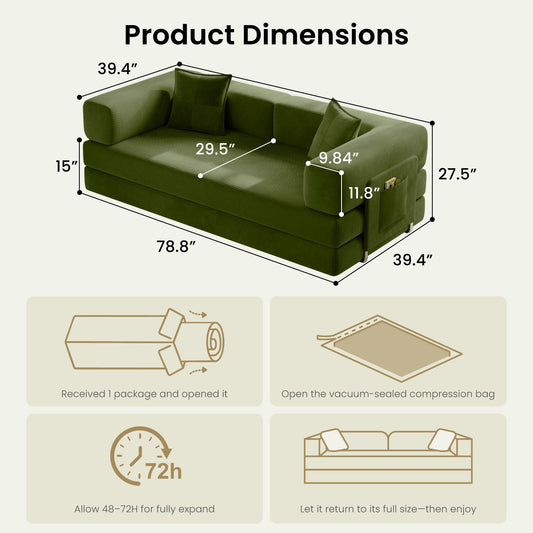 78.8" Convertible Sofa Bed,Corduroy Futon Couch with Storage Pocket,Folding Pull Out Futon Sofa,No Assembly Boneless Couch for Living Room,Green