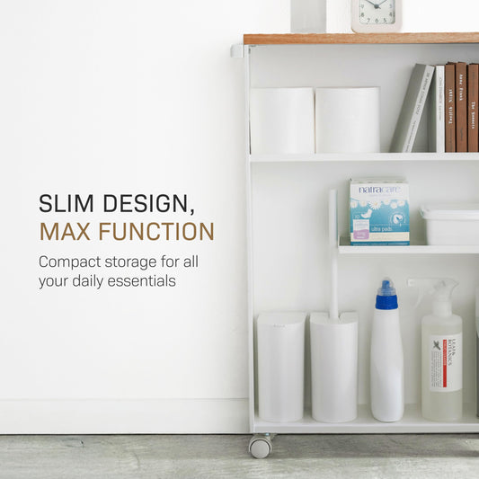 YAMAZAKI Home Slim Rolling Storage Cart – Narrow Bathroom Storage Cabinet with Handle, Slim Bathroom Storage Cart with Wheels, Easy Assembly, Steel + Wood, White, 27" - Steel -