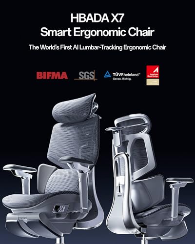 Hbada X7 Smart Ergonomic Chair, Office Chair, with Fully Automated Lumbar Tracking, 4D Adjustable Headrest, 720° Adjustable Armrests, Ventilated Seat Cushion, Swivel, Grey