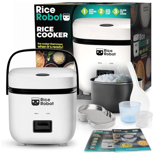 🍽️ Rice Robot Personal Rice Cooker, PFAS-free, Nonstick. 1 Quart Capacity (4 Cups), with Stainless Steel Steamer Tray, Measuring Cups, Recipe Book with 60 Recipes, and Serving Spoon, As Seen On TV