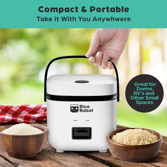 🍽️ Rice Robot Personal Rice Cooker, PFAS-free, Nonstick. 1 Quart Capacity (4 Cups), with Stainless Steel Steamer Tray, Measuring Cups, Recipe Book with 60 Recipes, and Serving Spoon, As Seen On TV