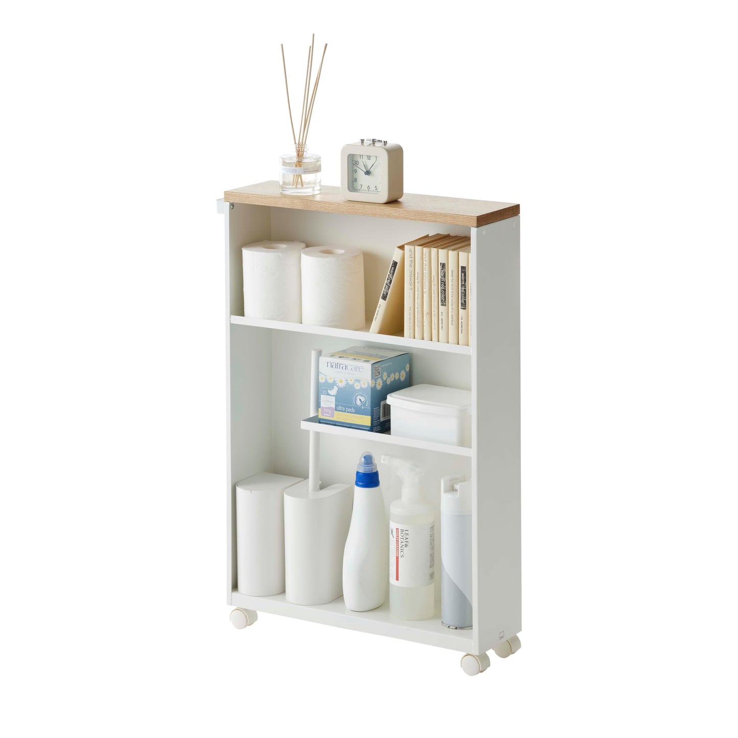 YAMAZAKI Home Slim Rolling Storage Cart – Narrow Bathroom Storage Cabinet with Handle, Slim Bathroom Storage Cart with Wheels, Easy Assembly, Steel + Wood, White, 27" - Steel -