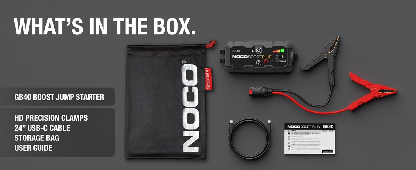 NOCO Boost GB40: 1000A UltraSafe Jump Starter – 12V Lithium Battery Booster Pack, Portable Jump Box, Power Bank & Jumper Cables - for 6.0L Gas and 3.0L Diesel Engines