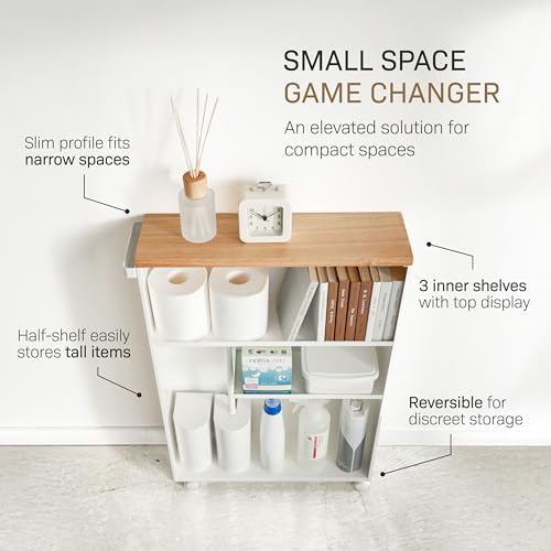 YAMAZAKI Home Slim Rolling Storage Cart – Narrow Bathroom Storage Cabinet with Handle, Slim Bathroom Storage Cart with Wheels, Easy Assembly, Steel + Wood, White, 27" - Steel -