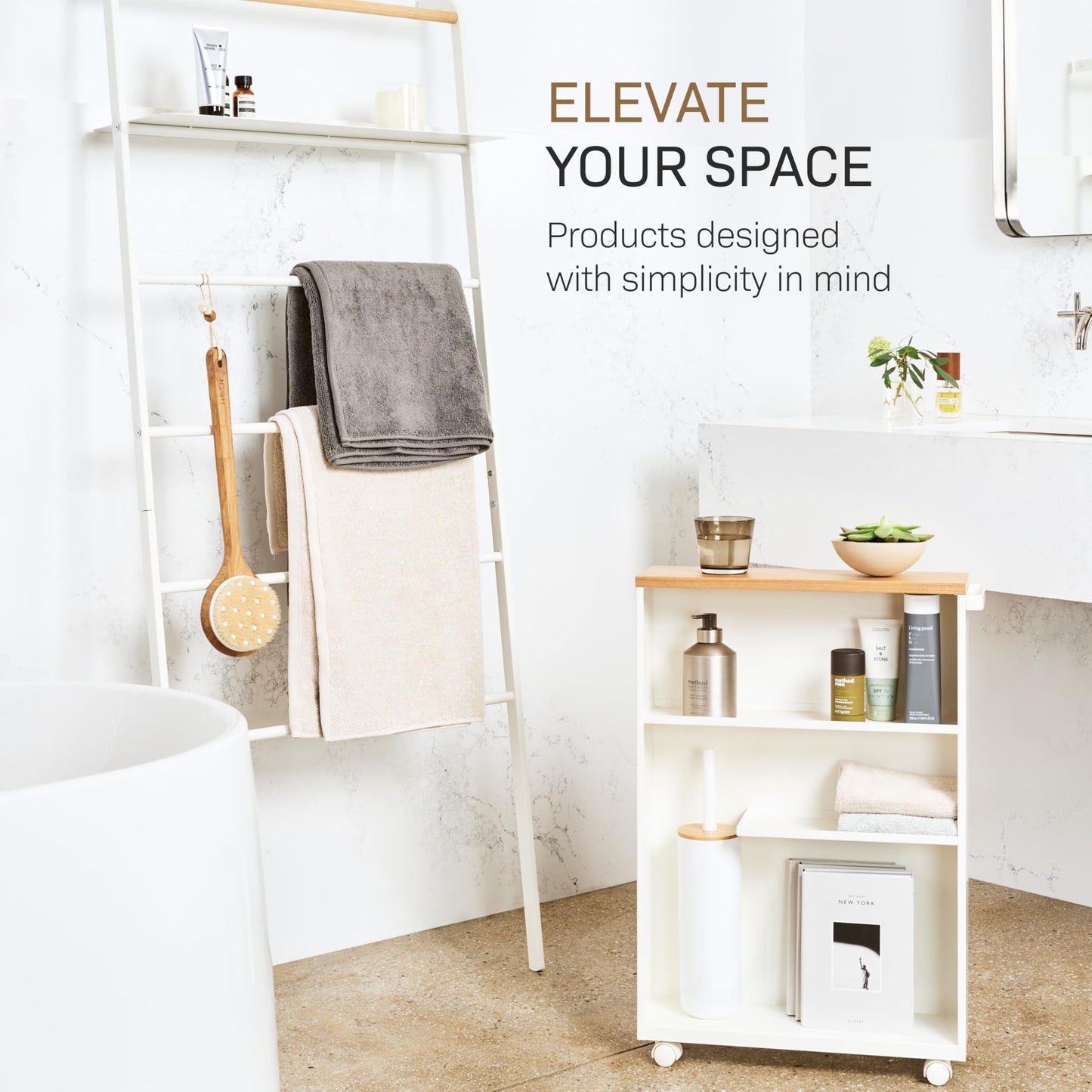 YAMAZAKI Home Slim Rolling Storage Cart – Narrow Bathroom Storage Cabinet with Handle, Slim Bathroom Storage Cart with Wheels, Easy Assembly, Steel + Wood, White, 27" - Steel -