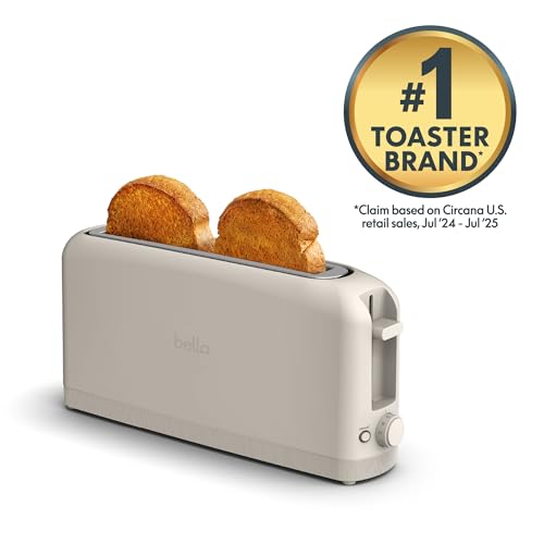 bella 2 Slice Slim Toaster, Fits-anywhere™ Kitchenware, 6 Setting Shade Control with Reheat & Cancel Buttons, Fits sourdough, 10” Long Slot, Anti Jam & Auto Shutoff, 900 Watt, Oatmilk
