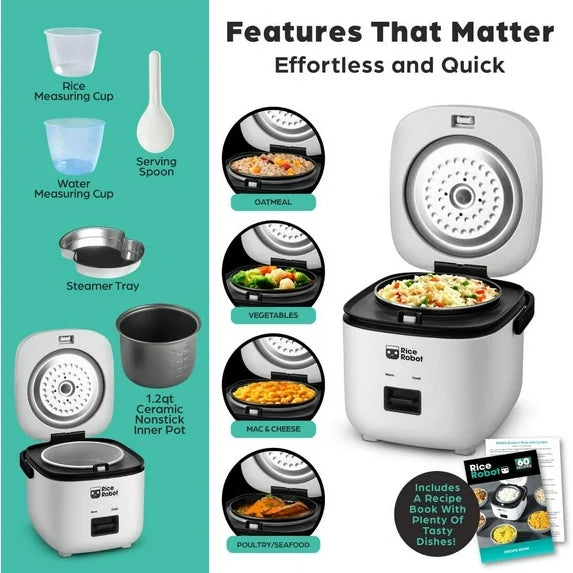 🍽️ Rice Robot Personal Rice Cooker, PFAS-free, Nonstick. 1 Quart Capacity (4 Cups), with Stainless Steel Steamer Tray, Measuring Cups, Recipe Book with 60 Recipes, and Serving Spoon, As Seen On TV