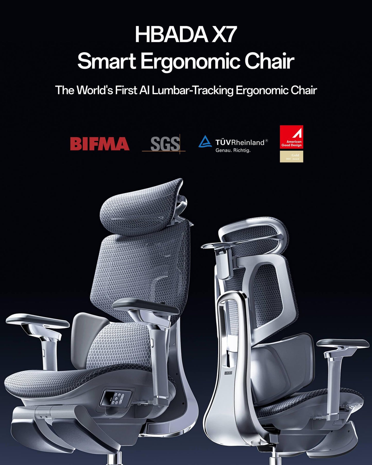 Hbada X7 Smart Ergonomic Chair, Office Chair, with Fully Automated Lumbar Tracking, 4D Adjustable Headrest, 720° Adjustable Armrests, Ventilated Seat Cushion, Swivel, Grey